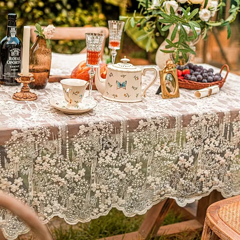 Lace Rectangular Tablecloth, Vintage Floral Polyester Table Cover