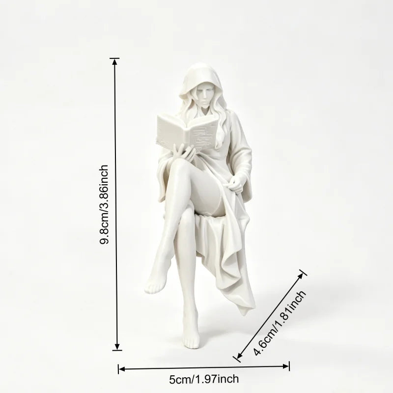 Reading Lady Shelf Sitter Statue, Matte White Hooded Figurine