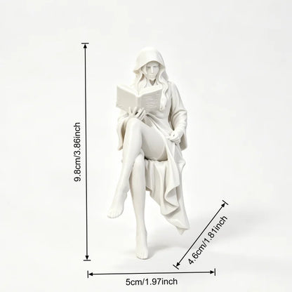 Reading Lady Shelf Sitter Statue, Matte White Hooded Figurine