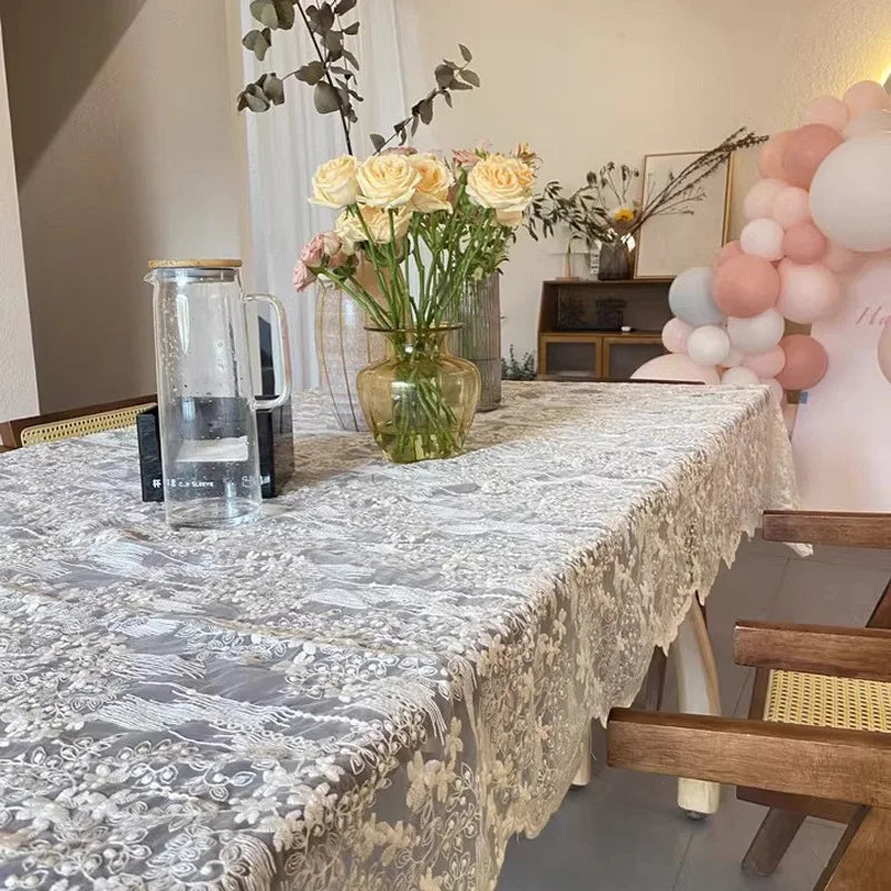 Lace Rectangular Tablecloth, Vintage Floral Polyester Table Cover