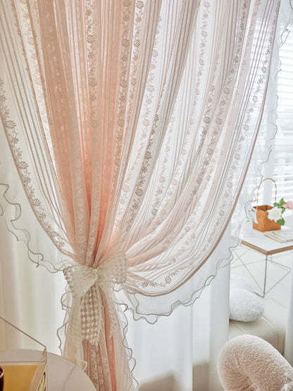 Pink Striped Rose Lace Sheer Curtain Panel