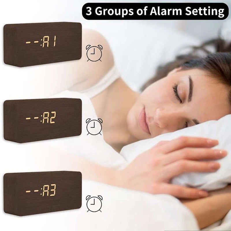 Wooden Digital Alarm Clock with Temperature