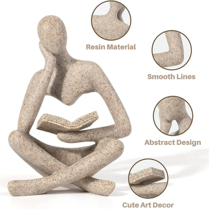 Abstract Thinker Bookshelf Sculpture, Modern Resin Reading Figure