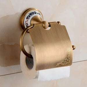Antique Brass and Ceramic Bathroom Set, 19 Pieces
