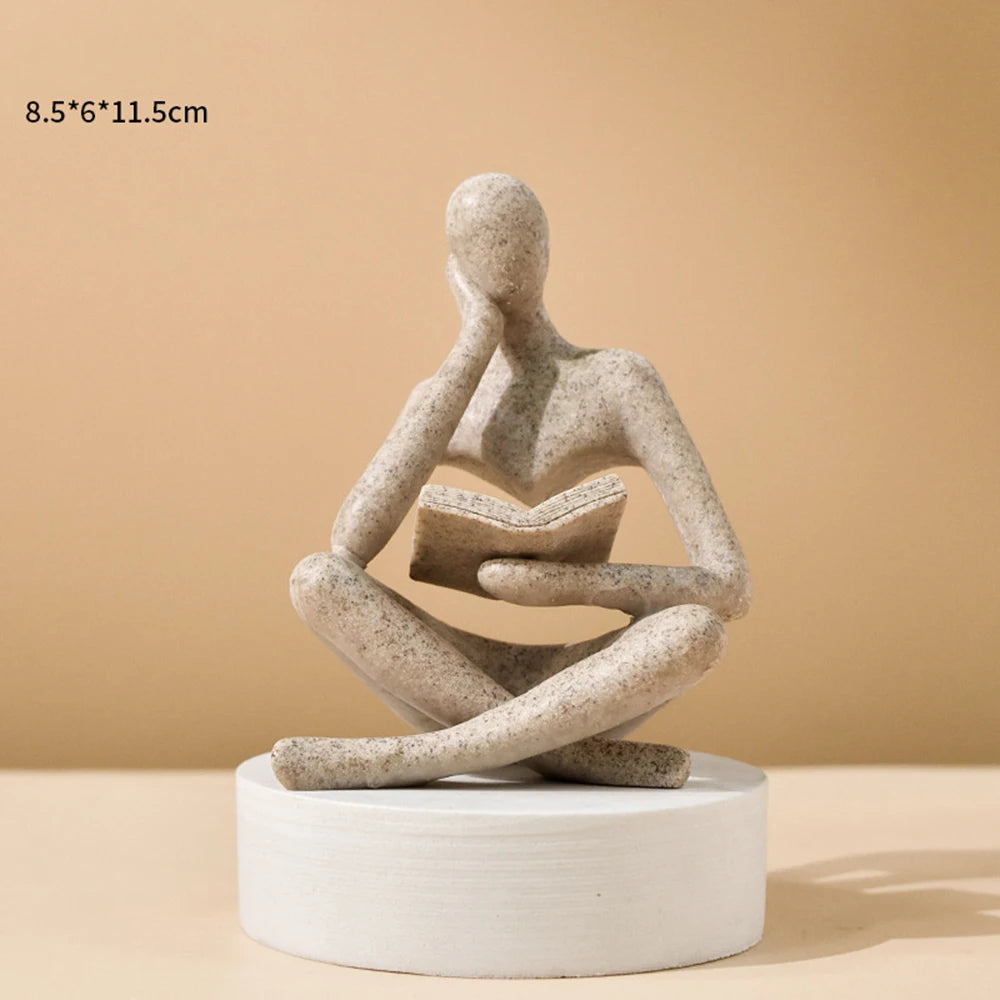 Abstract Thinker Bookshelf Sculpture, Modern Resin Reading Figure