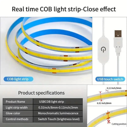 USB COB LED Light Strip with Touch Dimmer