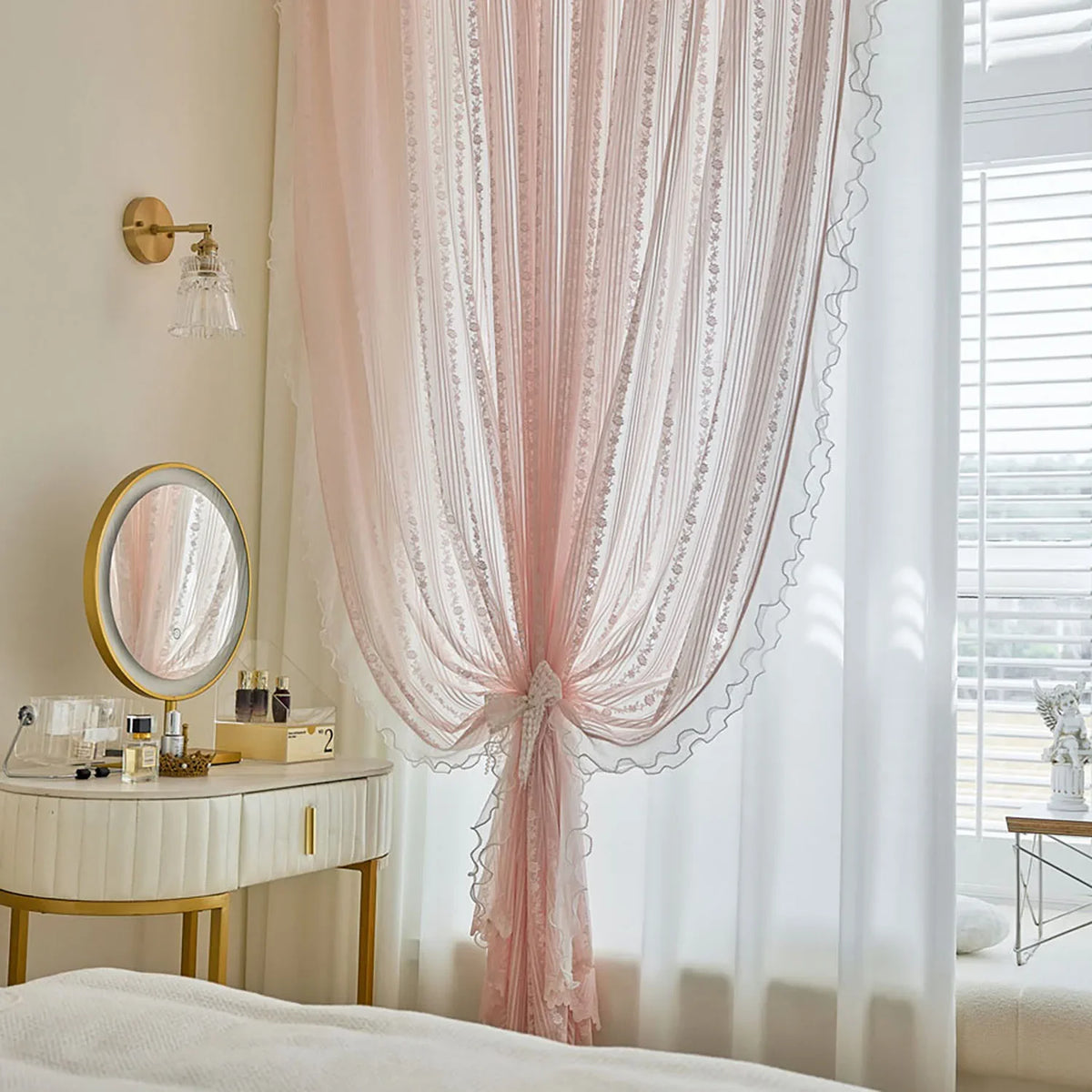 Pink Striped Rose Lace Sheer Curtain Panel