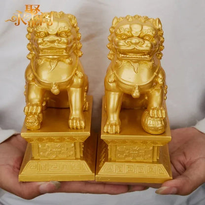 Chinese Lucky Lion Statue Pair, Copper Gold Resin Guardian Lions
