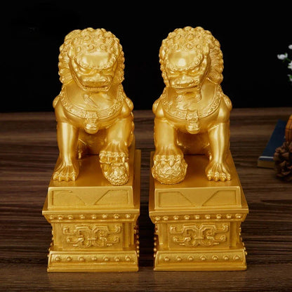 Chinese Lucky Lion Statue Pair, Copper Gold Resin Guardian Lions