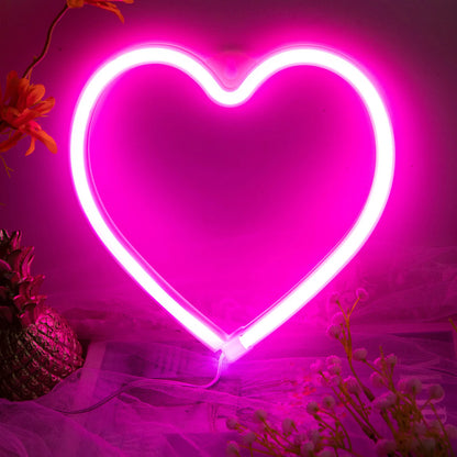 Pink Neon Heart Light, Battery LED Hanging Lamp for Bedroom