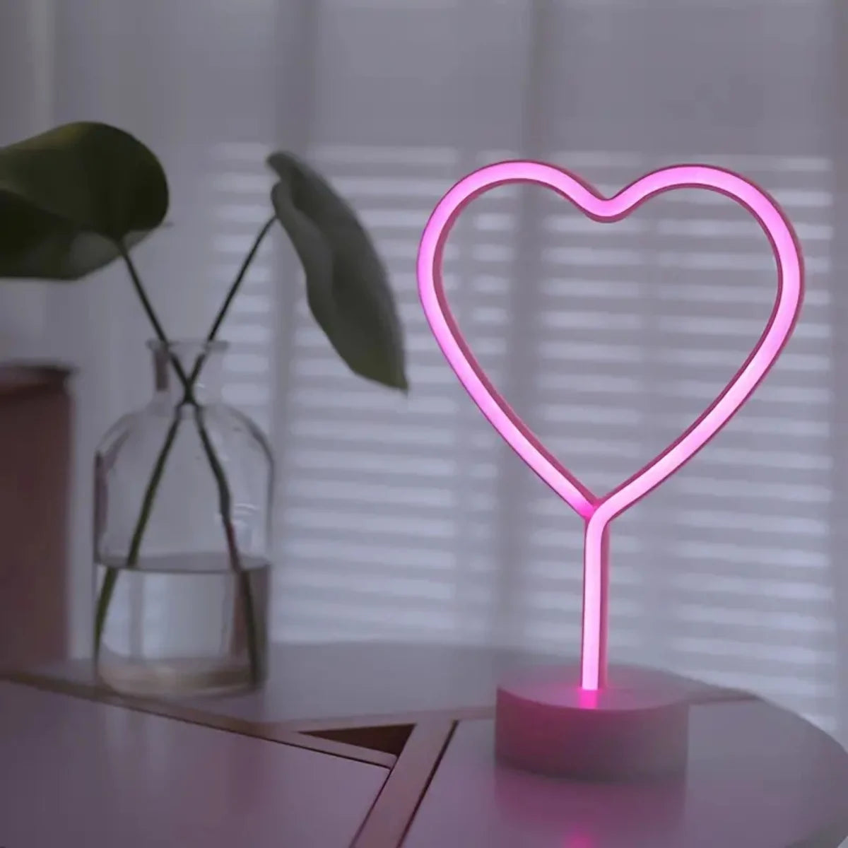 Pink Neon Heart Table Lamp, Battery LED Light with Base