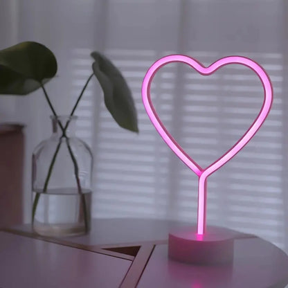 Pink Neon Heart Table Lamp, Battery LED Light with Base