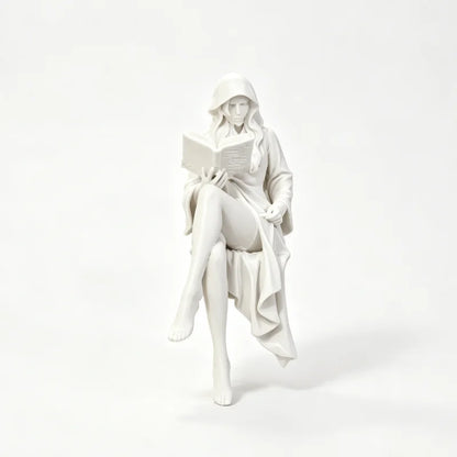 Reading Lady Shelf Sitter Statue, Matte White Hooded Figurine