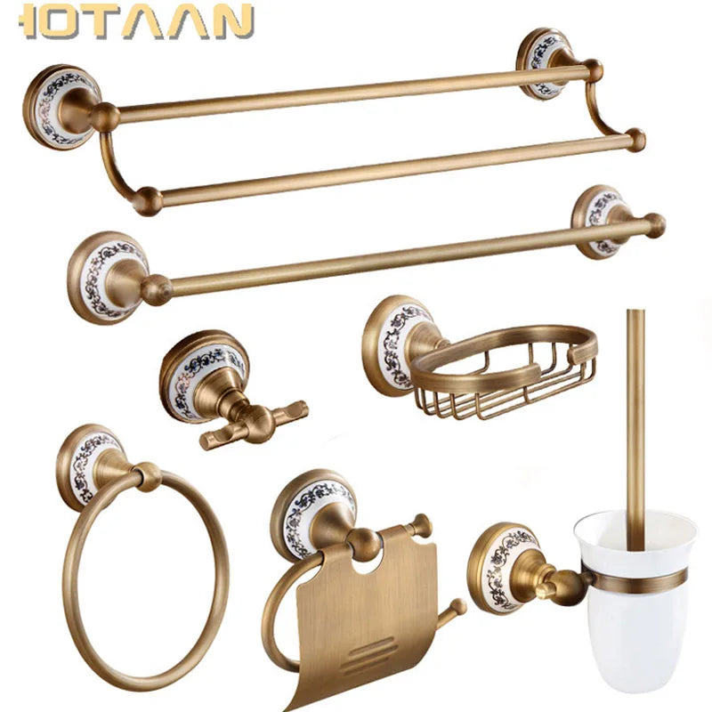 Antique Brass and Ceramic Bathroom Set, 19 Pieces