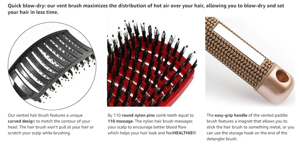 Detangling Hair Brush, Curved Vented Boar and Nylon Bristle