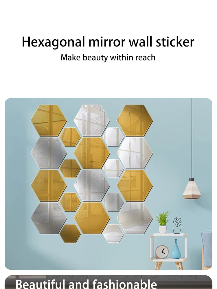 Hexagon Acrylic Mirror Wall Decals, 12 Pieces
