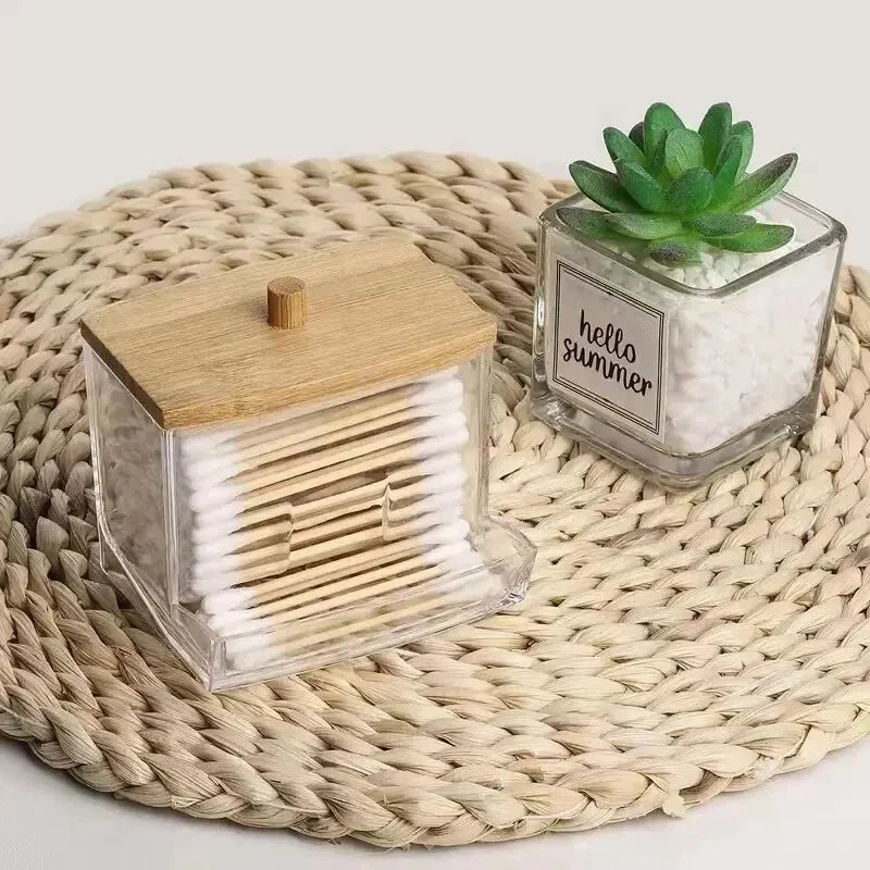 Cotton Swab Holder, Clear Storage Box with Bamboo Lid