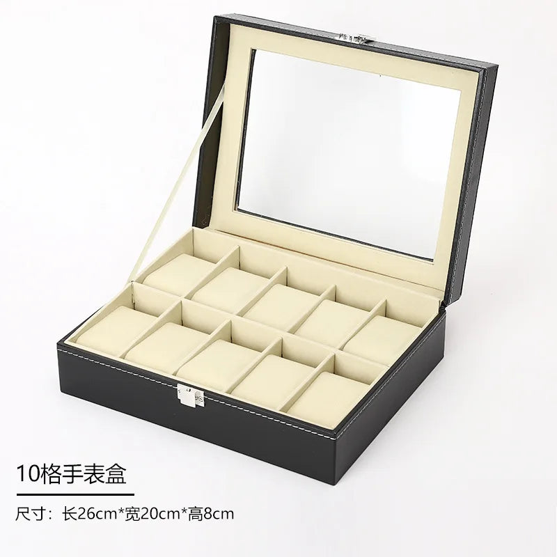 PU Leather Watch Box with Glass Lid, 6 Slots