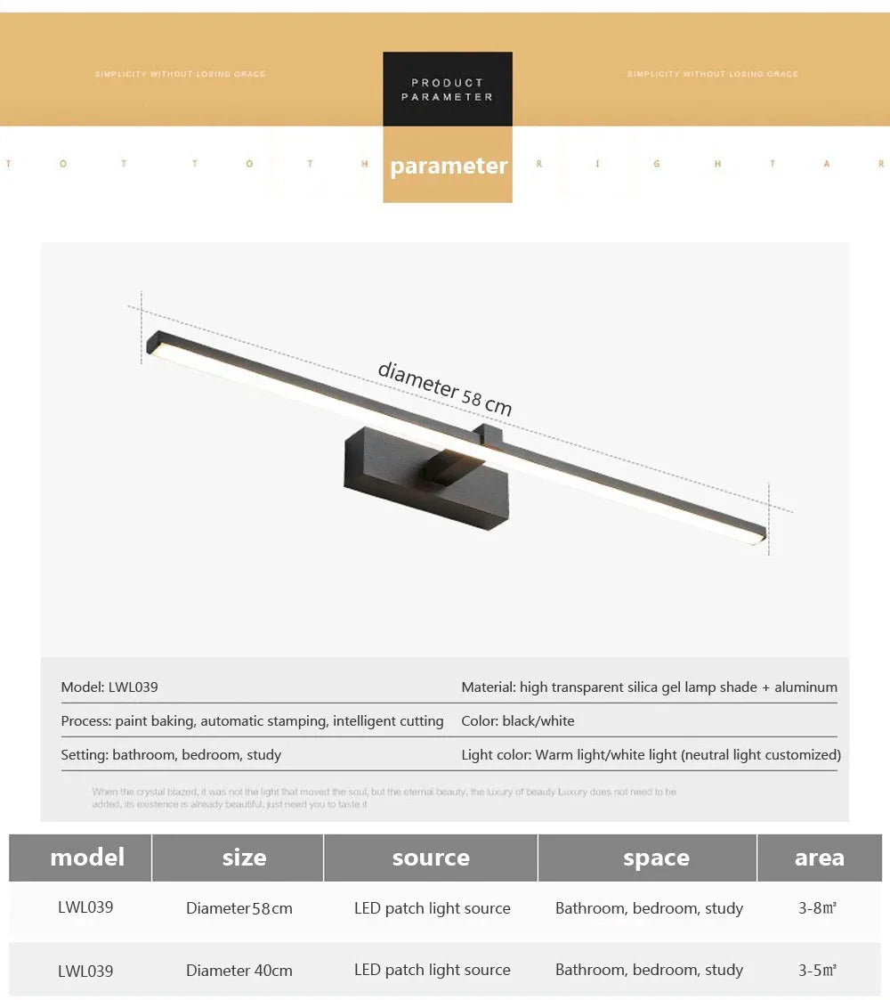 LED Mirror Wall Light, Modern Bathroom Vanity Lamp, 40 or 60 cm