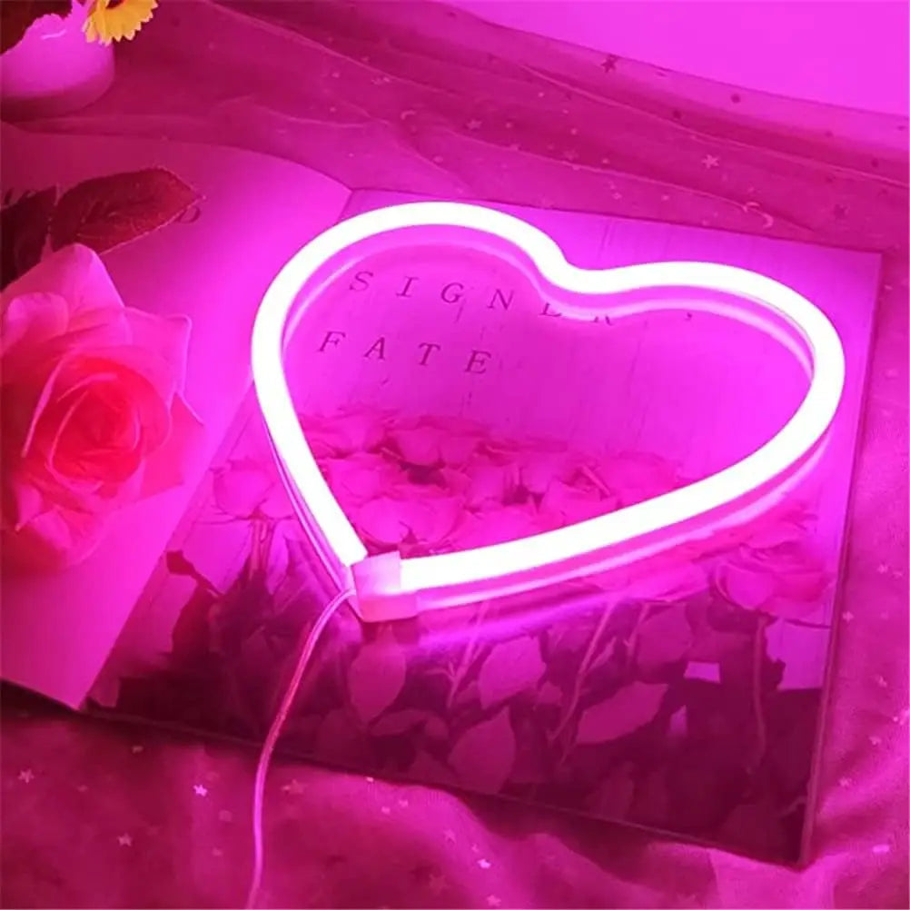 Pink Neon Heart Light, Battery LED Hanging Lamp for Bedroom