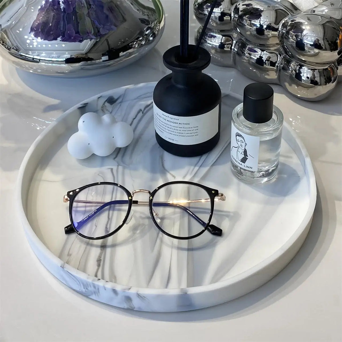 Round Vanity Tray, Decorative Marble Pattern Bathroom Organizer