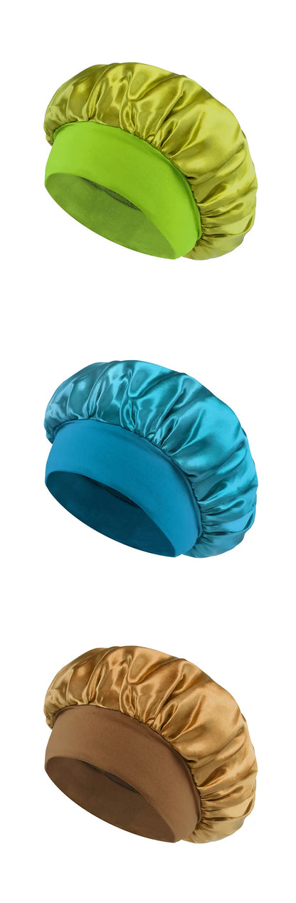 Wide-Brim Satin Hair Bonnet with Elastic Band