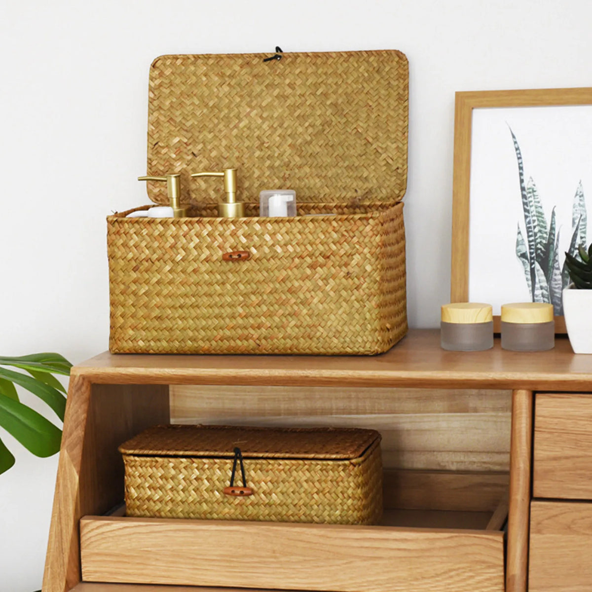 Seagrass Storage Basket with Lid, Handwoven Lidded Organizer