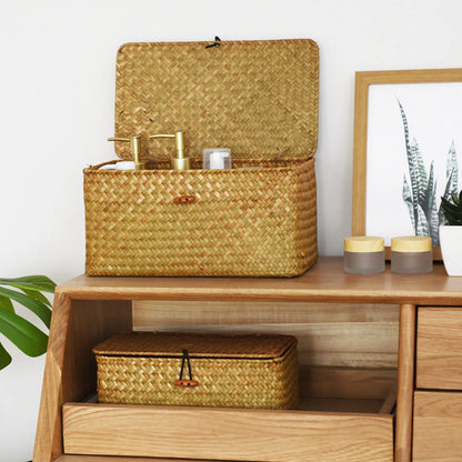 Seagrass Storage Basket with Lid, Handwoven Lidded Organizer