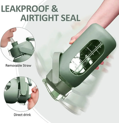 1L Glass Water Bottle with Straw and Sleeve