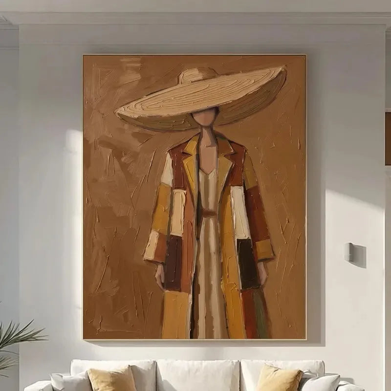 Woman in Wide Brim Hat Canvas Print, Neutral Boho Wall Art