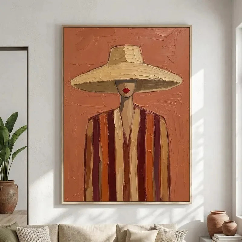 Woman in Wide Brim Hat Canvas Print, Neutral Boho Wall Art