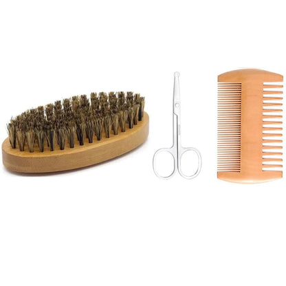 Men's Boar Bristle Beard Brush, Comb and Scissors Set