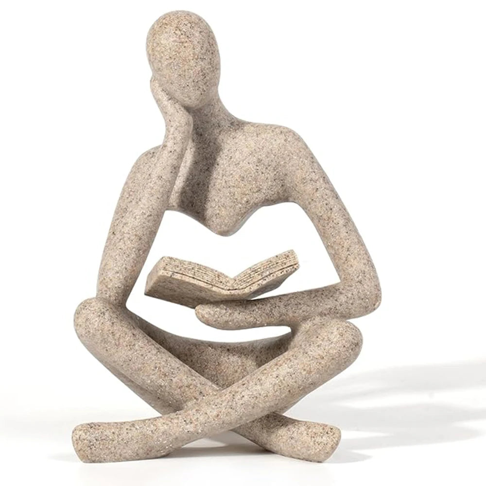 Abstract Thinker Bookshelf Sculpture, Modern Resin Reading Figure