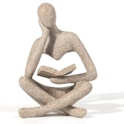 Abstract Thinker Bookshelf Sculpture, Modern Resin Reading Figure