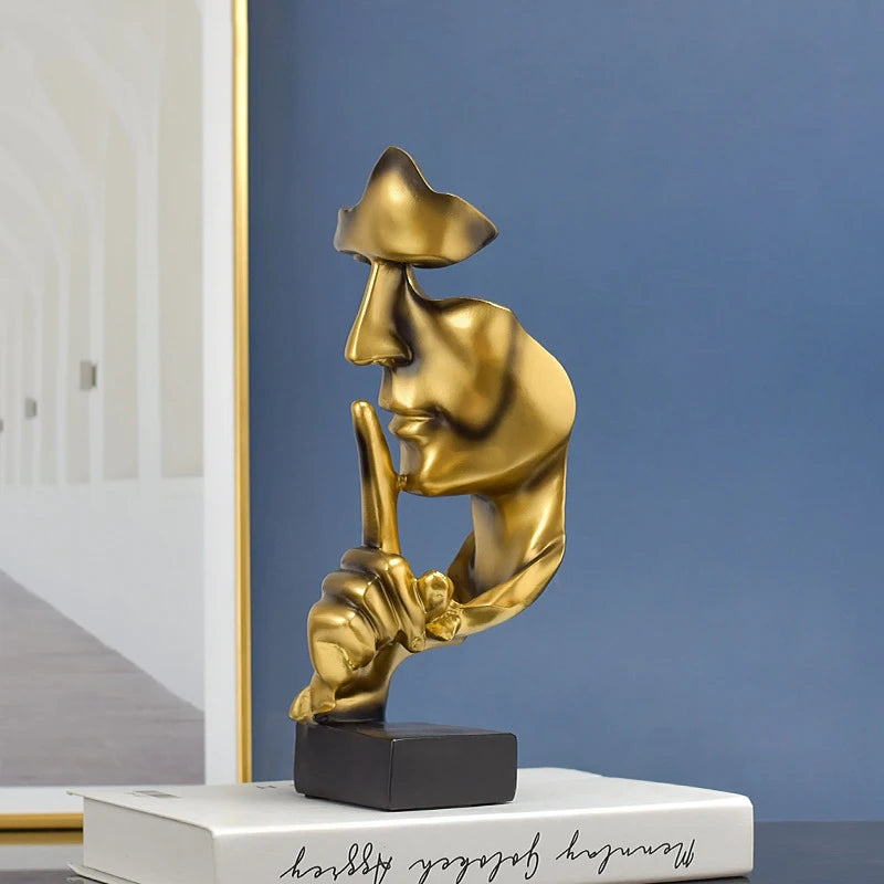Silence Is Gold Thinker Statue, Abstract Resin Face Sculpture