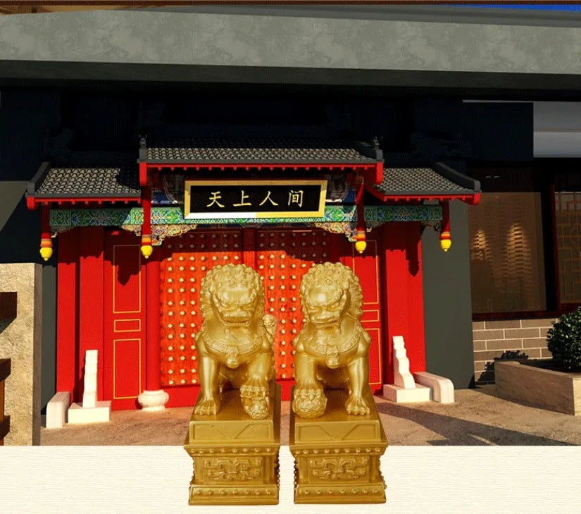 Chinese Lucky Lion Statue Pair, Copper Gold Resin Guardian Lions