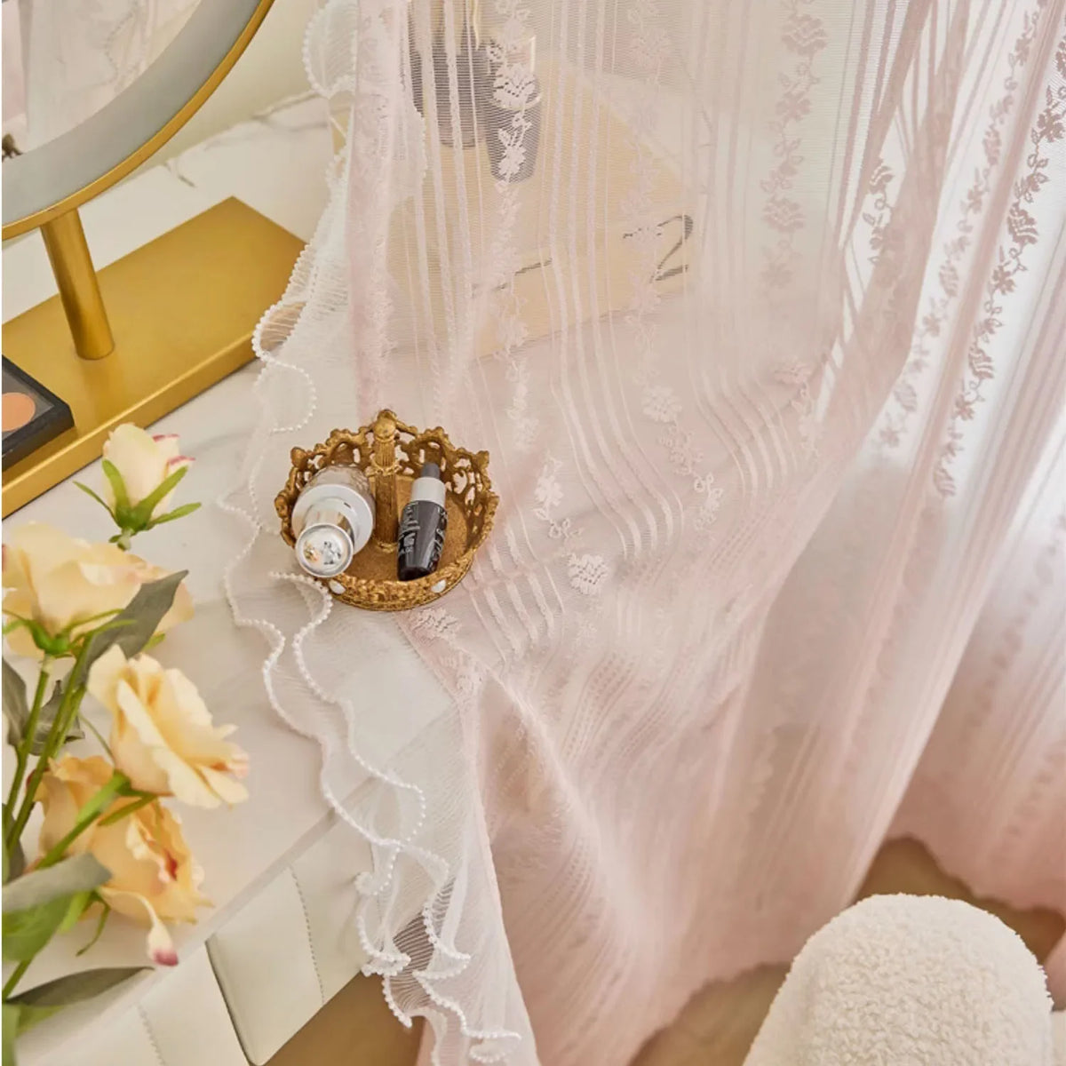 Pink Striped Rose Lace Sheer Curtain Panel