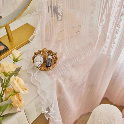 Pink Striped Rose Lace Sheer Curtain Panel
