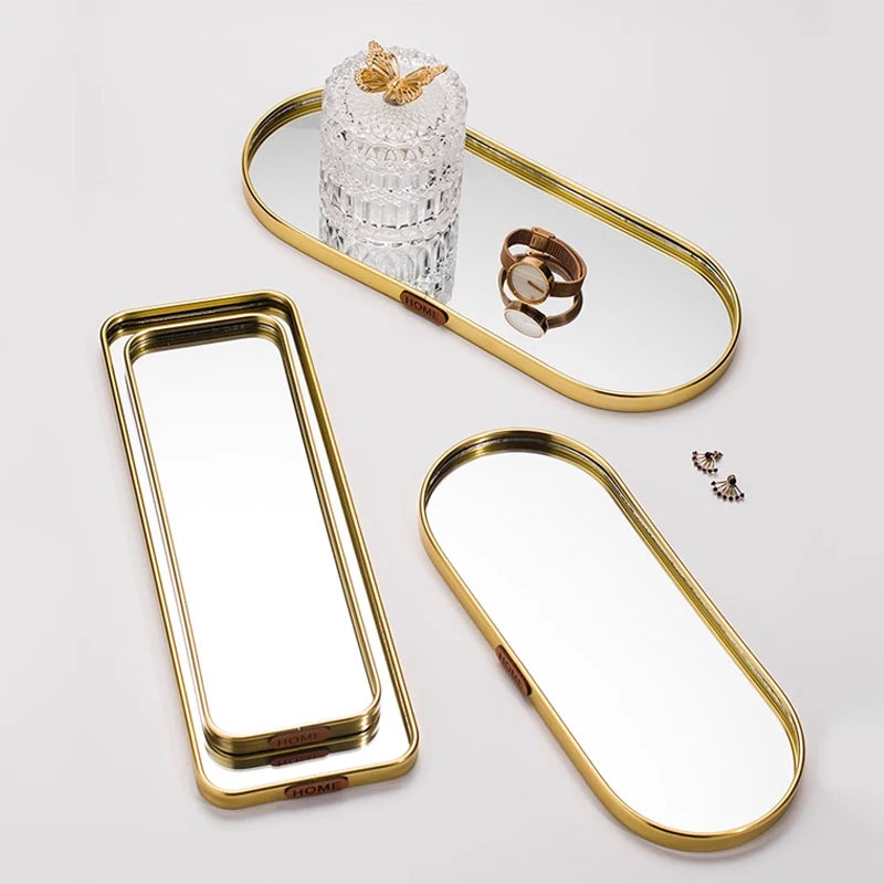 Gold Mirror Tray, Rectangular or Oval Glass Vanity Tray