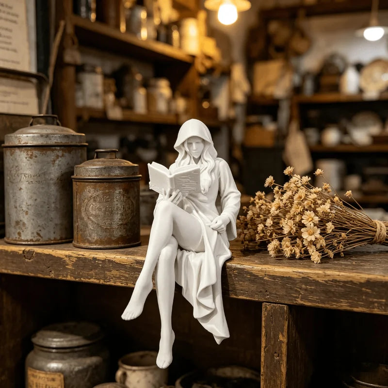 Reading Lady Shelf Sitter Statue, Matte White Hooded Figurine
