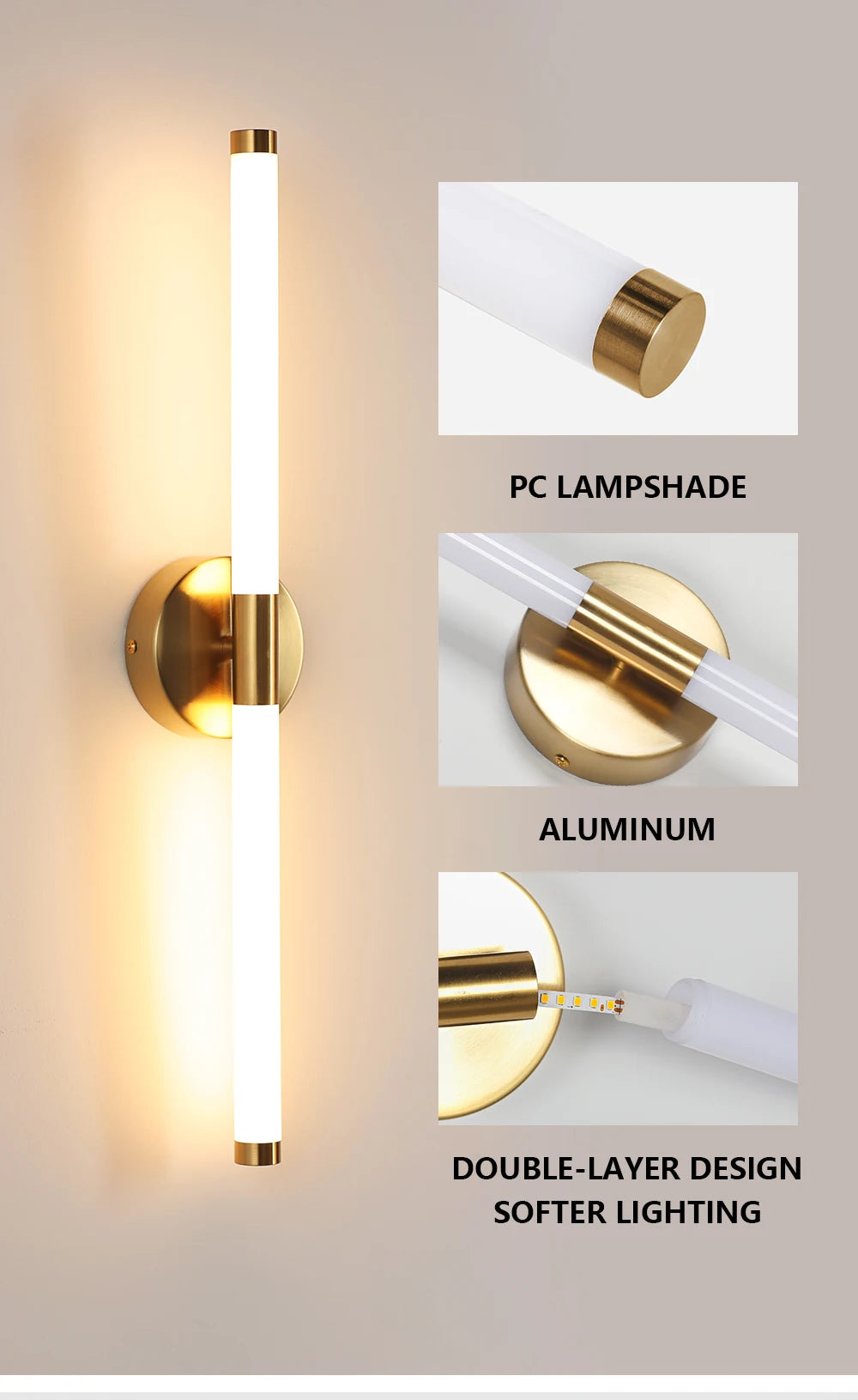 Gold LED Double Shade Wall Sconce, Up and Down Picture Light