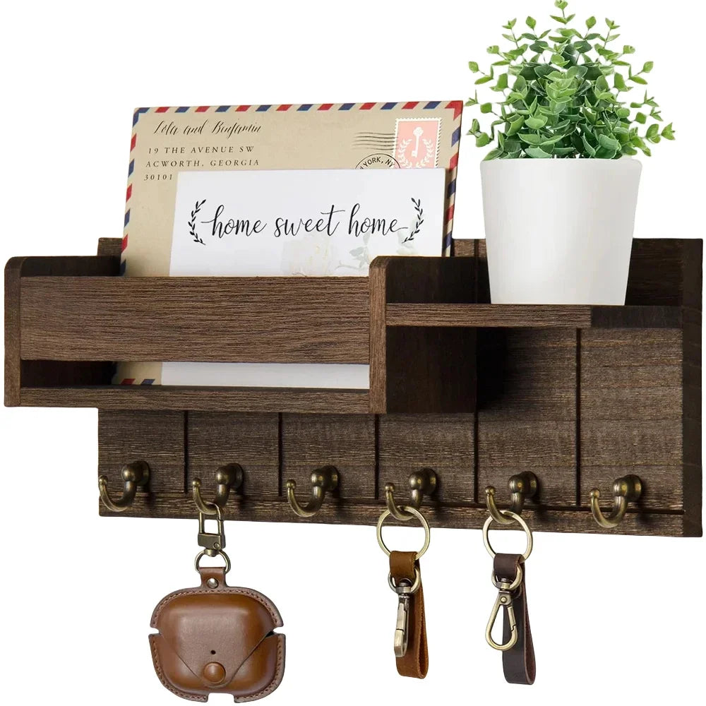 Rustic Wood Key Holder with Shelf and 6 Hooks