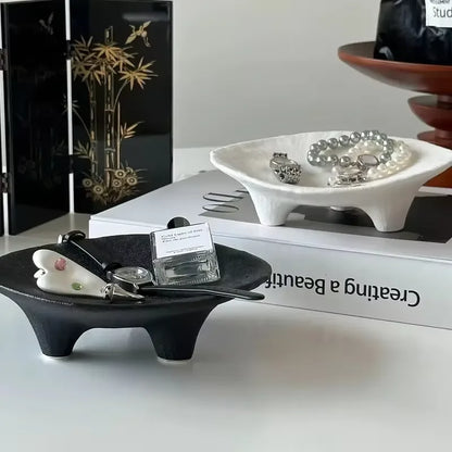 Ceramic Jewelry Tray, Oval Three-Legged Trinket Dish