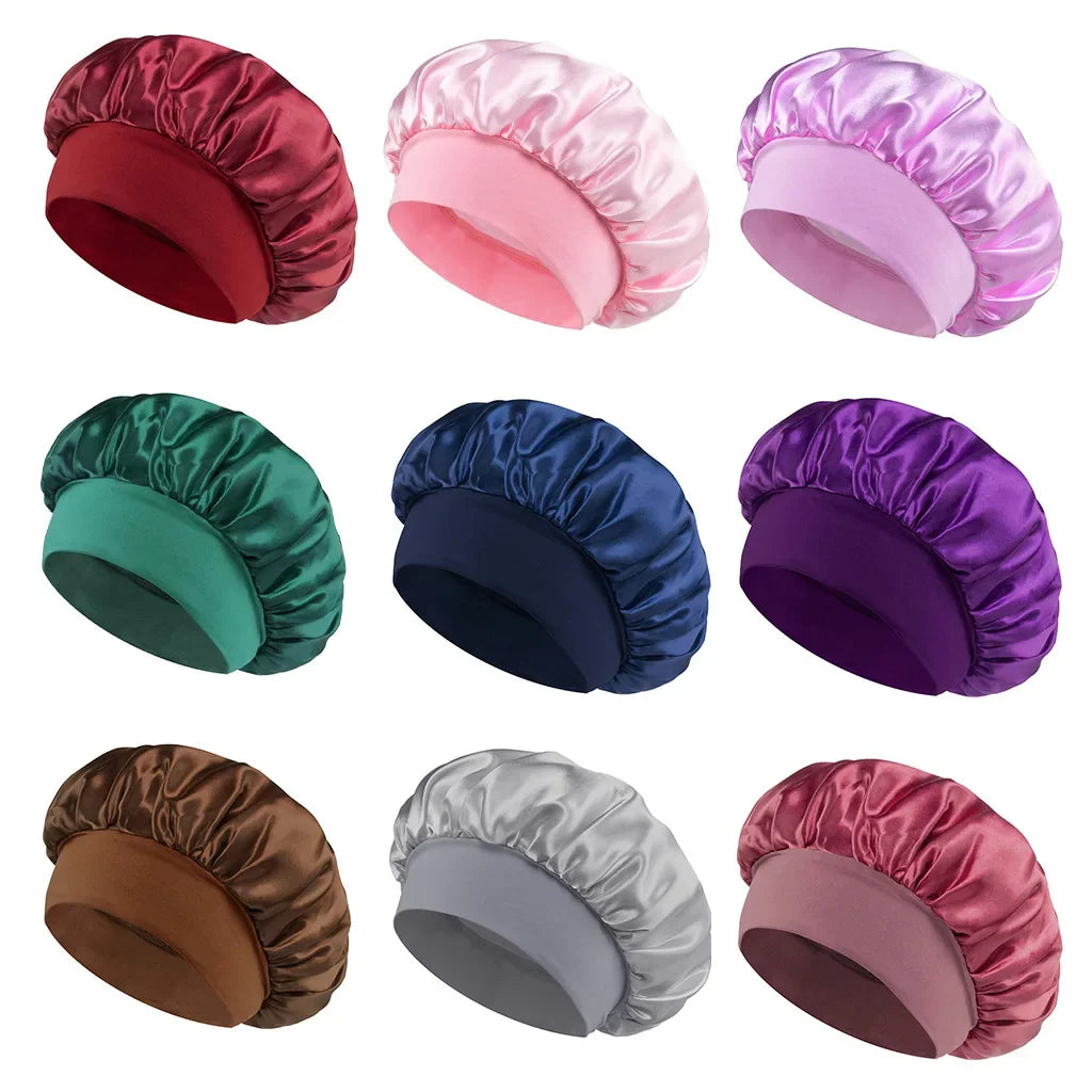 Wide-Brim Satin Hair Bonnet with Elastic Band