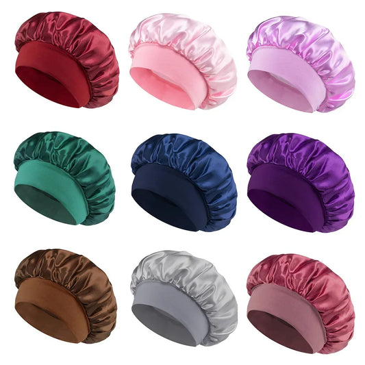Wide-Brim Satin Hair Bonnet with Elastic Band