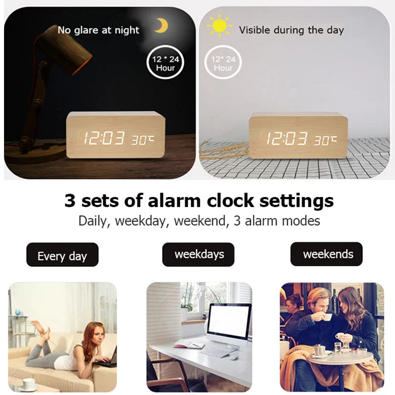 Wooden Digital Alarm Clock with Temperature
