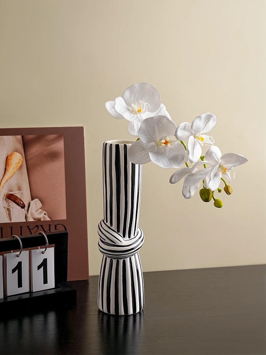 Black and White Striped Knot Ceramic Vase