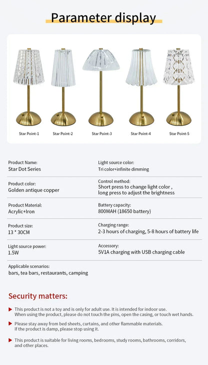Crystal Touch Table Lamp, USB Rechargeable