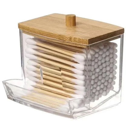 Cotton Swab Holder, Clear Storage Box with Bamboo Lid