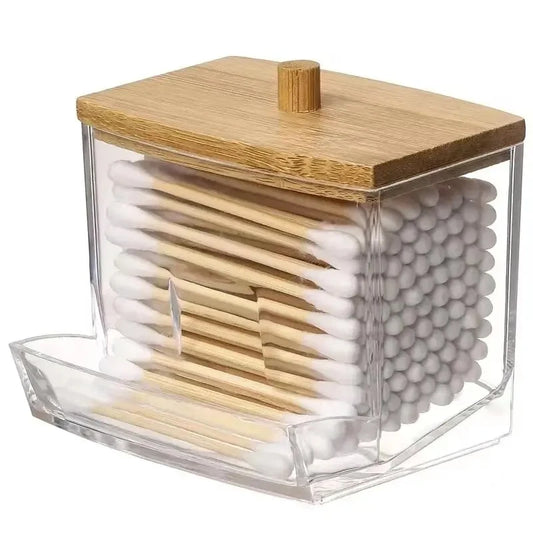 Cotton Swab Holder, Clear Storage Box with Bamboo Lid